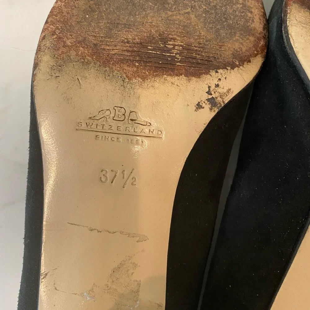 Vintage Bally Black Suede Patent Leather Block Heel Shoes Gold Trim 7 37.5